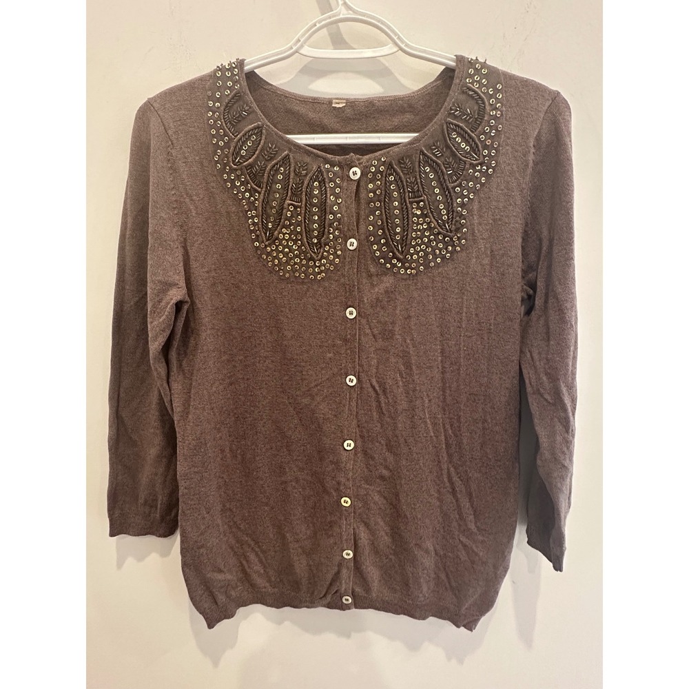 Brown Beaded Sequin Embellished Cardigan Button Front Knit Sweater RN 93178